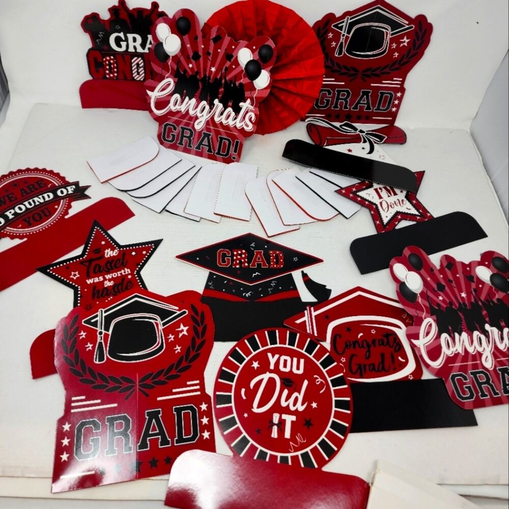 Graduation 12 pc Table Toppers Guys Girls Red Black Grad Party Decoration New
